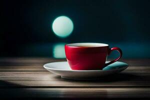 un rojo taza de café en un de madera mesa. generado por ai foto