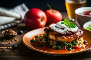 a plate of food with broccoli and meat. AI-Generated photo