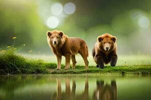 two brown bears standing next to a pond. AI-Generated photo