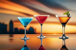 three different cocktails are shown on a table with a sunset in the background. AI-Generated photo