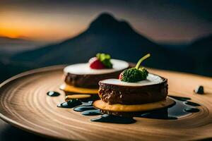 two desserts on a wooden plate with a mountain in the background. AI-Generated photo