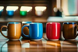 five colorful coffee mugs lined up on a table. AI-Generated photo