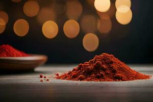 red powder on a wooden table with bokeh lights. AI-Generated photo