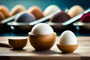 eggs in wooden bowls on a table. AI-Generated photo