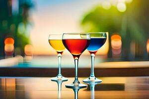 three glasses of wine on a table with a sunset in the background. AI-Generated photo