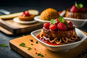 a plate with a dessert and strawberries. AI-Generated photo