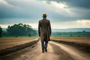 a man in a suit and hat walking down a dirt road. AI-Generated photo