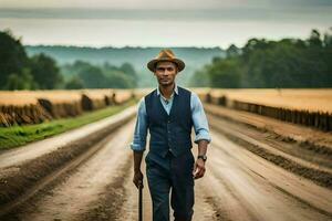 un hombre en un sombrero y chaleco caminando abajo un suciedad la carretera. generado por ai foto