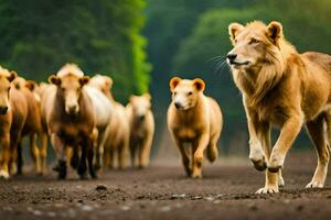 a lion is walking with a herd of cattle. AI-Generated photo