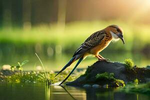 a bird is standing on a rock in the water. AI-Generated photo