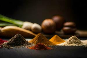 various spices and spices on a black background. AI-Generated photo