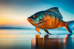 un pescado es en pie en el playa a puesta de sol. generado por ai foto