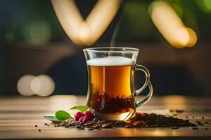 un taza de té con un flor en el mesa. generado por ai foto