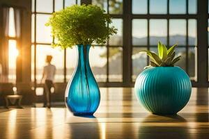 two vases with plants sitting on a wooden table. AI-Generated photo