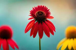 red flower, yellow flower, blue sky, green grass, person, person, person, person. AI-Generated photo