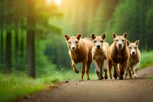 cuatro caballos corriendo en un suciedad la carretera en el bosque. generado por ai foto