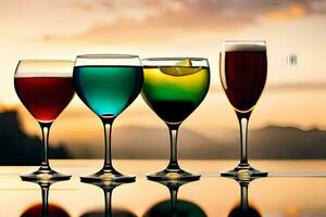 cuatro lentes de diferente de colores bebidas en un mesa. generado por ai foto