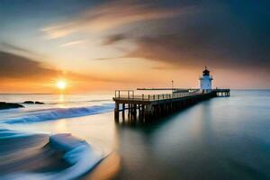 a lighthouse at sunset with waves crashing into the shore. AI-Generated photo