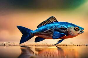 un pescado es en pie en el agua con un puesta de sol antecedentes. generado por ai foto