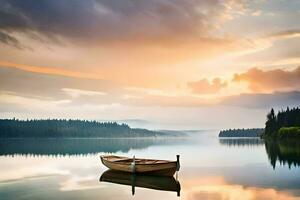 a boat sits on the calm water at sunset. AI-Generated photo