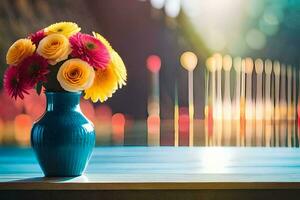 un florero con vistoso flores en un mesa. generado por ai foto