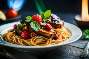 a plate of spaghetti with meat and berries on a wooden table. AI-Generated photo