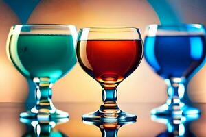 three glasses of colored liquid are shown in front of a bright background. AI-Generated photo