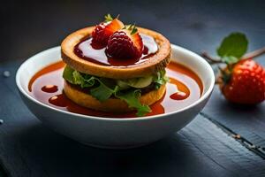 a strawberry and cream sandwich with sauce in a bowl. AI-Generated photo