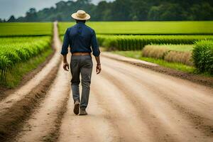 a man walking down a dirt road in front of a field. AI-Generated photo