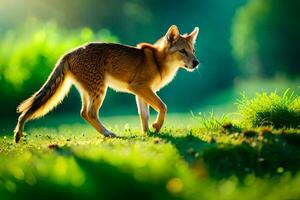 a red fox is walking across a green field. AI-Generated photo