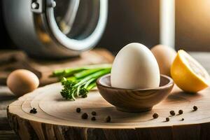 un huevo se sienta en un de madera corte tablero siguiente a un limón y otro ingredientes. generado por ai foto
