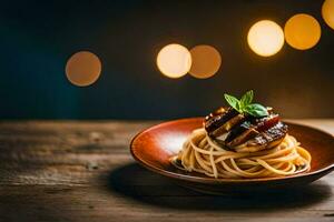 spaghetti with meat and sauce on a wooden plate. AI-Generated photo