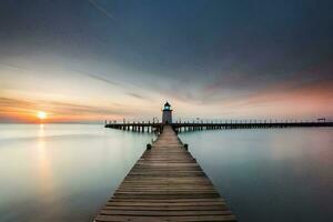 a long exposure photograph of a pier at sunset. AI-Generated photo