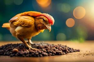 a chicken is standing on top of a pile of coffee beans. AI-Generated photo