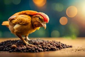 un pollo es en pie en parte superior de un pila de café frijoles. generado por ai foto