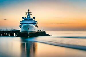 a luxury yacht docked at the pier at sunset. AI-Generated photo