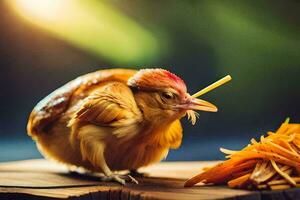 a chicken with a carrot in its beak. AI-Generated photo