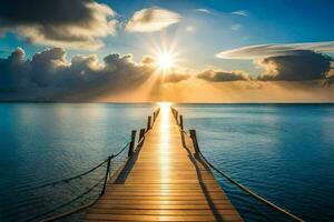 the sun shines over a wooden dock in the ocean. AI-Generated photo