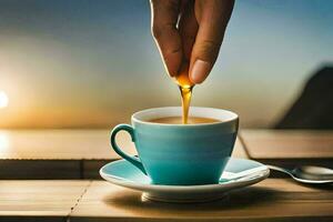 a hand pouring tea into a cup. AI-Generated photo