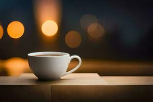 a cup of coffee on a wooden table in front of a blurred background. AI-Generated photo