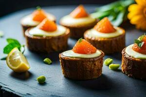 pequeño pasteles con queso y naranja rebanadas generado por ai foto