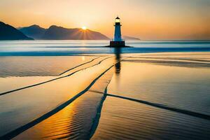 a lighthouse stands on the beach at sunset. AI-Generated photo