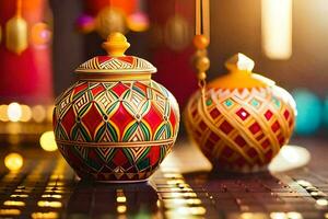 two colorful ceramic jars sitting on a table. AI-Generated photo