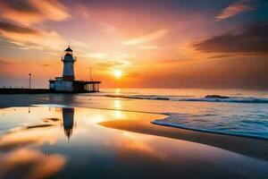 a lighthouse stands on the beach at sunset. AI-Generated photo