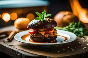 a burger with tomato, cheese and spices on a plate. AI-Generated photo