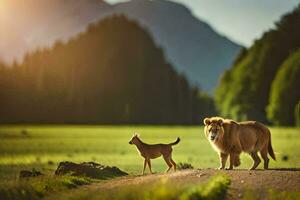 un león y un ciervo son caminando en un la carretera. generado por ai foto