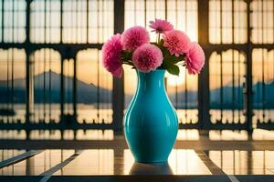 a blue vase with pink flowers sitting on a table. AI-Generated photo