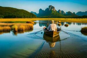 a man in a boat on a river with mountains in the background. AI-Generated photo