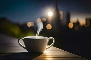 un taza de café en un de madera mesa con ciudad luces en el antecedentes. generado por ai foto