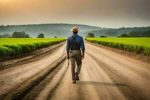 a man in a hat walks down a dirt road. AI-Generated photo